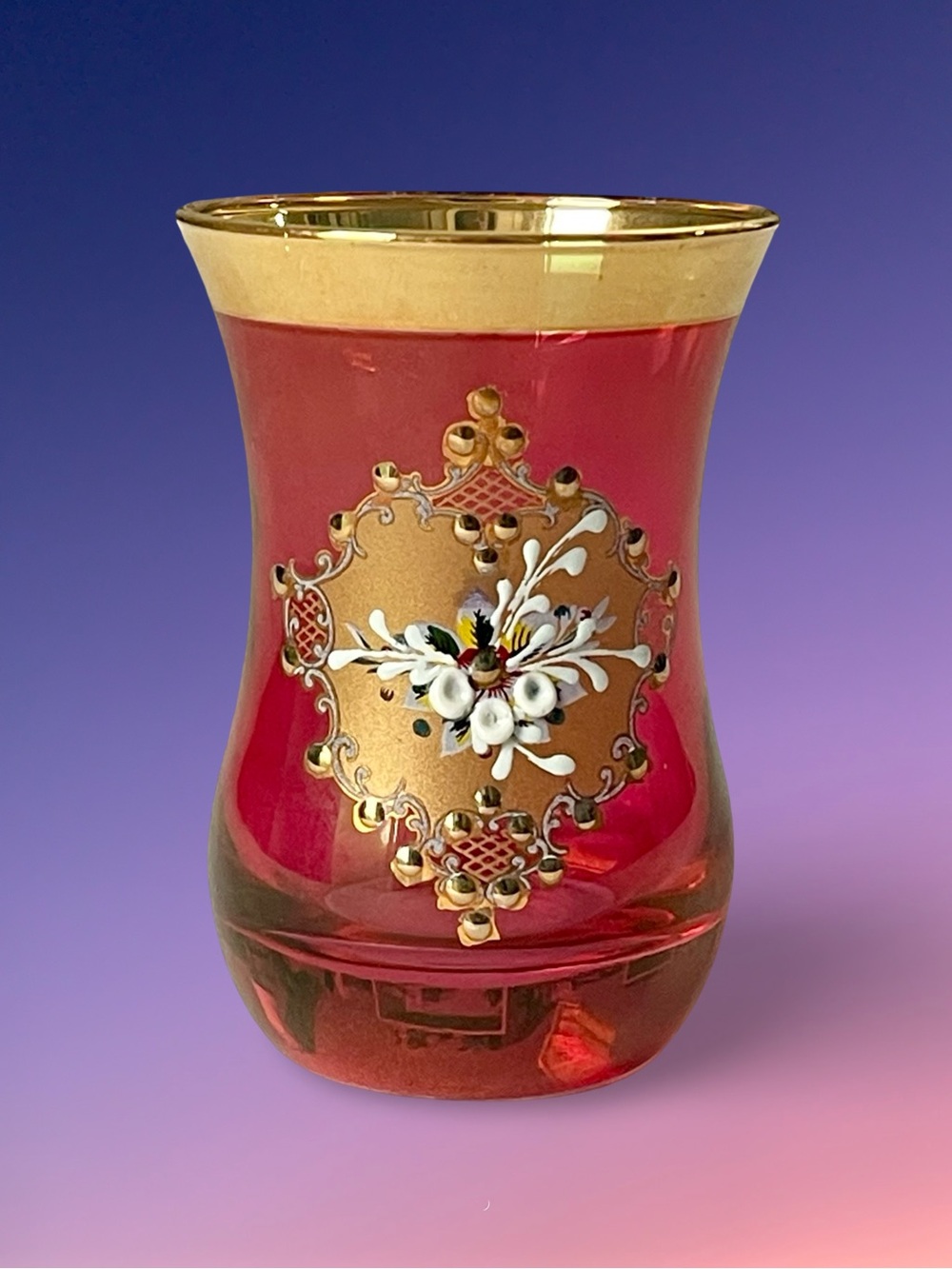 Vintage Cranberry Armudu Glass Ruby Red Gold Gilt Hand Painted Bohemian Turkish